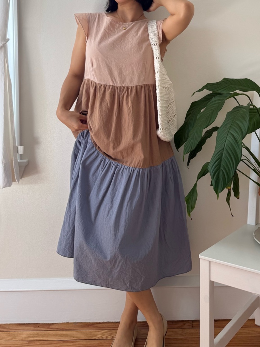 100% Cotton Color Block Tiered Midi Dress Breezy Easy Elegance Size Small